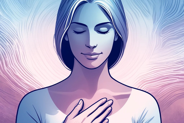 DALL·E 2024-06-04 08.06.40 - A middle-aged woman with a calm and confident expression, placing her palm on her chest and holding her head high. The artwork features soothing color.jpeg