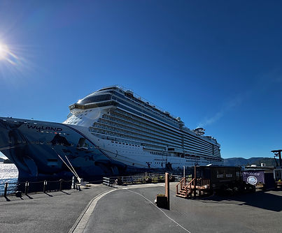 SitkaCruisePortNCLShip.JPEG Cruise ship in Sitka port where people often ask questions and look for tours. 