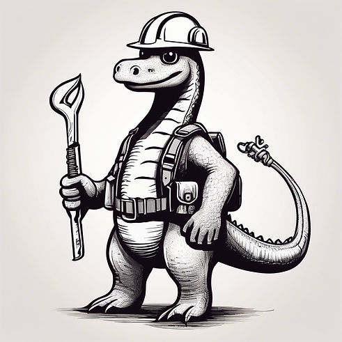 cute loch ness monster with tool belt and helmet, looks like an electrician, hand-drawn il