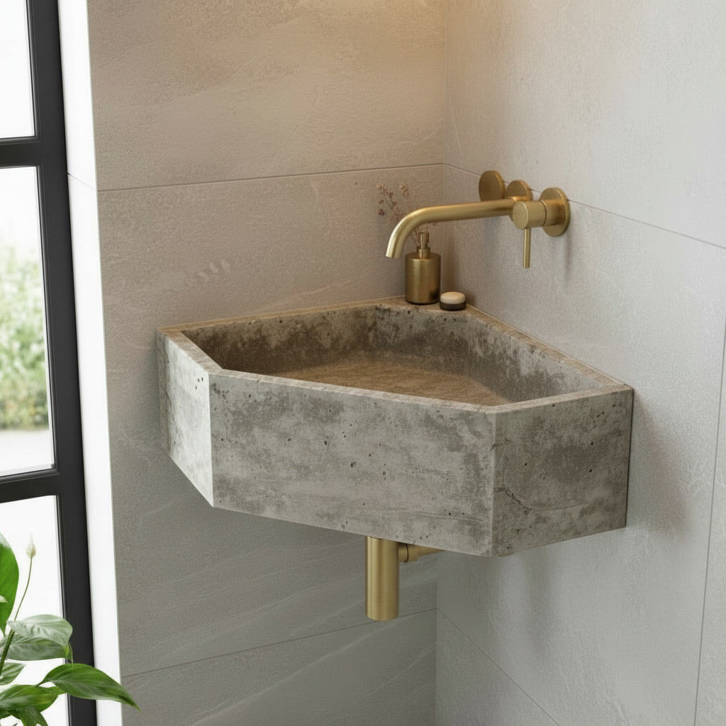 lave-mains d'angle en béton, forme Diamant, intégrable dans un coin intérieur de mur, mitigeur doré dans le mur