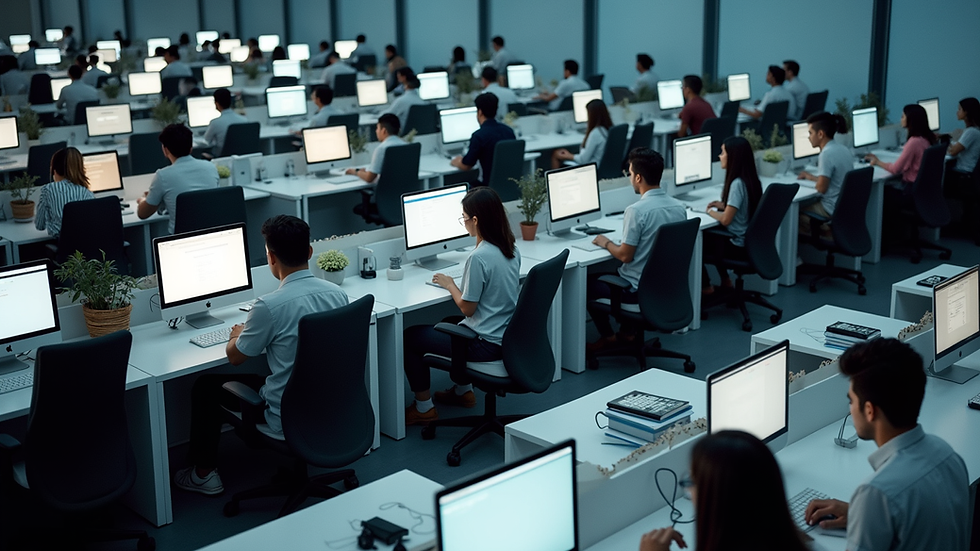 High angle view of a large office with multiple teams working on computers