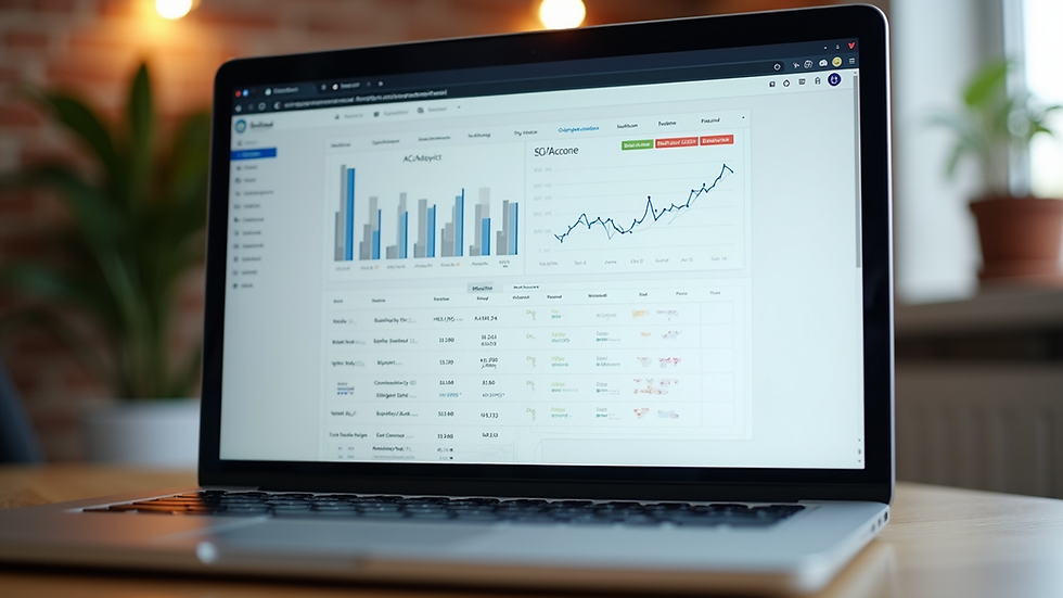 Eye-level view of a laptop screen showing SEO analytics dashboard