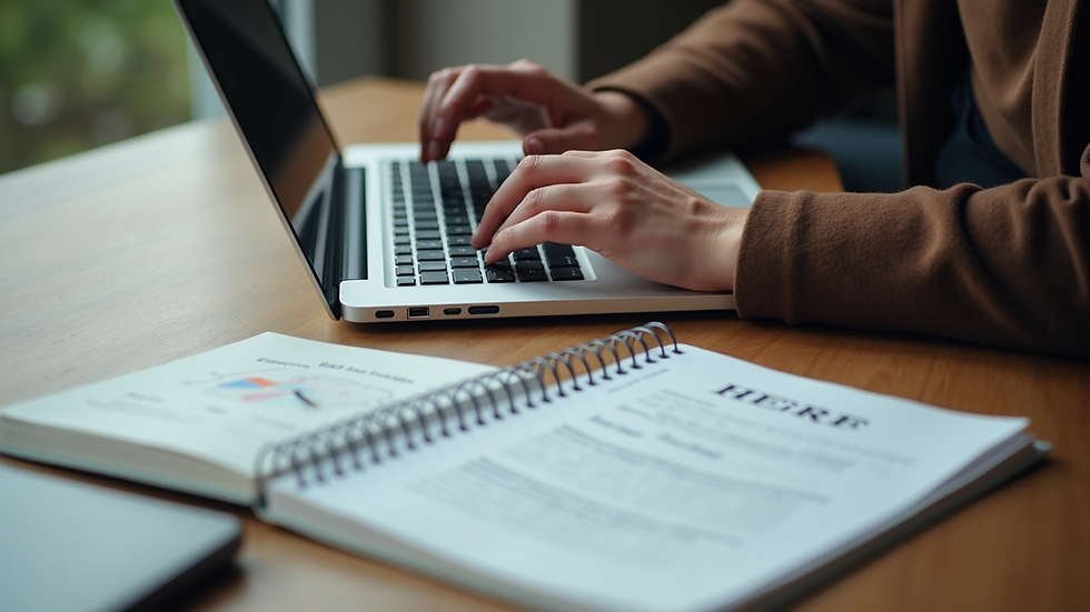 High angle view of a person typing on a laptop with SEO strategy notes beside