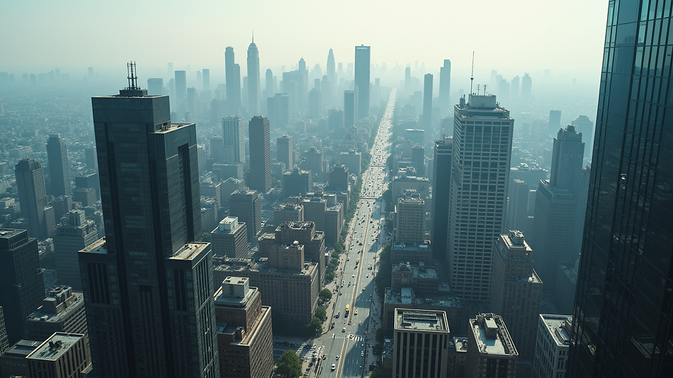 High angle view of a sprawling cityscape with skyscrapers and busy streets