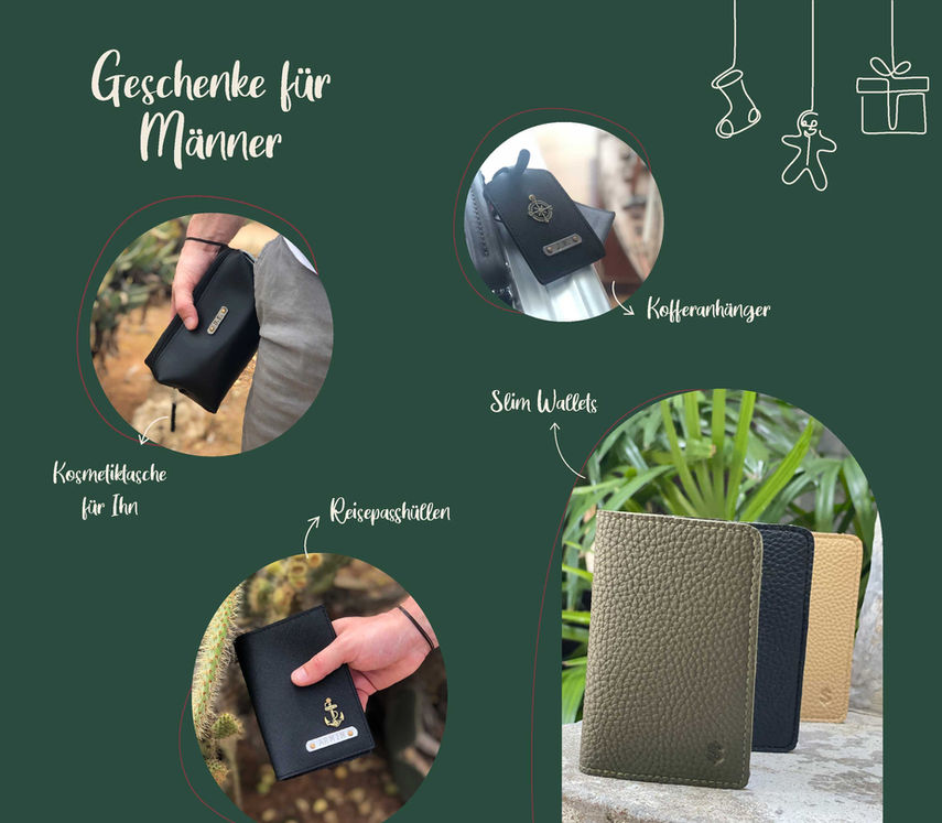 Geschenke für Männer zu Weihnachten. Personalisiert. Reisepasshülle, Kofferanhänger, Slim Wallet, Kosmetiktasche