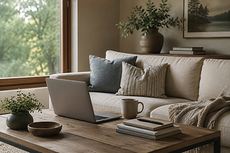 Comfortable home workspace representing secure online therapy and telehealth counseling for high-achieving professionals in Bergen County, NJ.