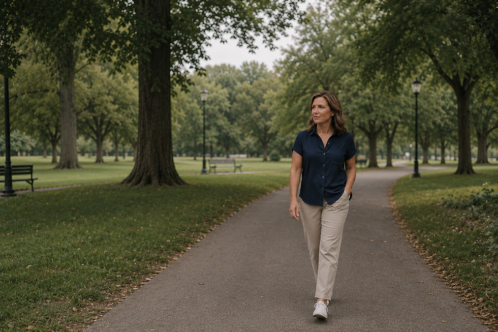 Woman walking through a park during walk-and-talk therapy in Bergen County, NJ, supporting anxiety, stress, burnout, and personal growth.