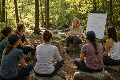 Outdoor mental health workshop in New Jersey led by a licensed therapist, with participants engaging in experiential learning and nature-based wellness activities.