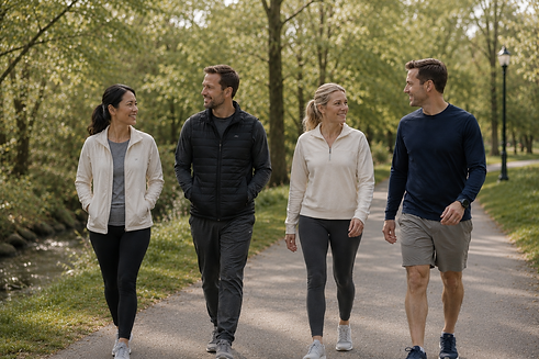 Adults participating in an outdoor group therapy walk focused on connection, emotional wellness, and personal growth in Bergen County, NJ.