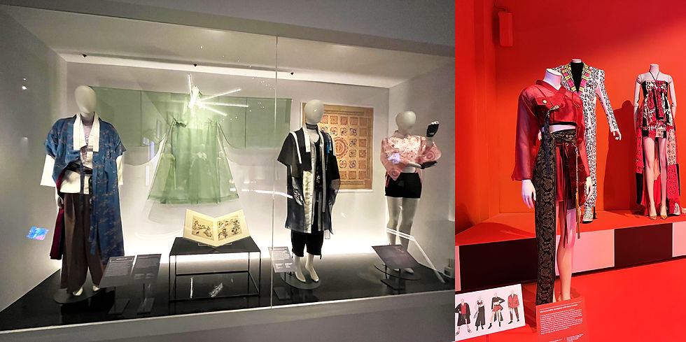 ‘Hybrid hanbok looks’ - (Left to right) Modernized hanbok for K-pop bands BTS RM by Baek Oak Soo, for ATEEZ by C-ZANN E and “Shin-hanbok” for BLACKPINK Jennie by Danha Seoul. (Right) Modernised hanbok designed with fans for KARD by Leesie. ‘Hallyu: The Korean Wave’ exhibition at the V&A Museum. Picture ⓒR.Lupu for Illustrious Lab