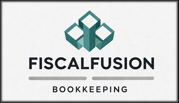 FiscalFusion Bookkeeping logo, teal and white with boarder