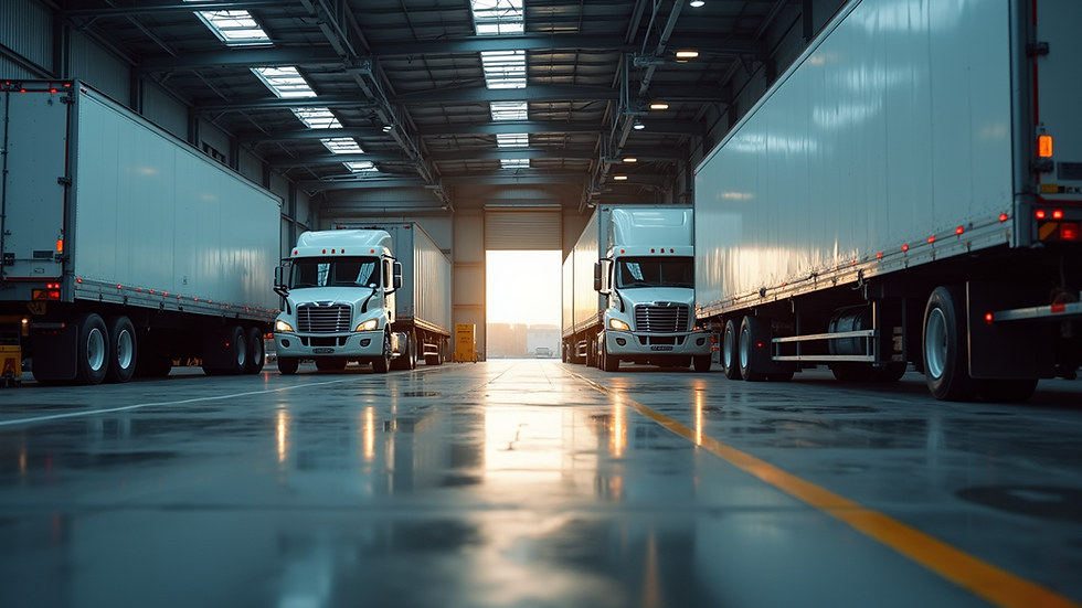 Eye-level view of a warehouse loading dock with freight trucks being loaded efficiently
