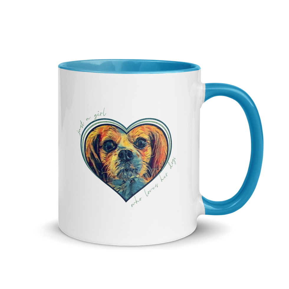 Thumbnail: Custom white ceramic mug with blue handle with personalized pet illustration of dog inside a heart in blue and green