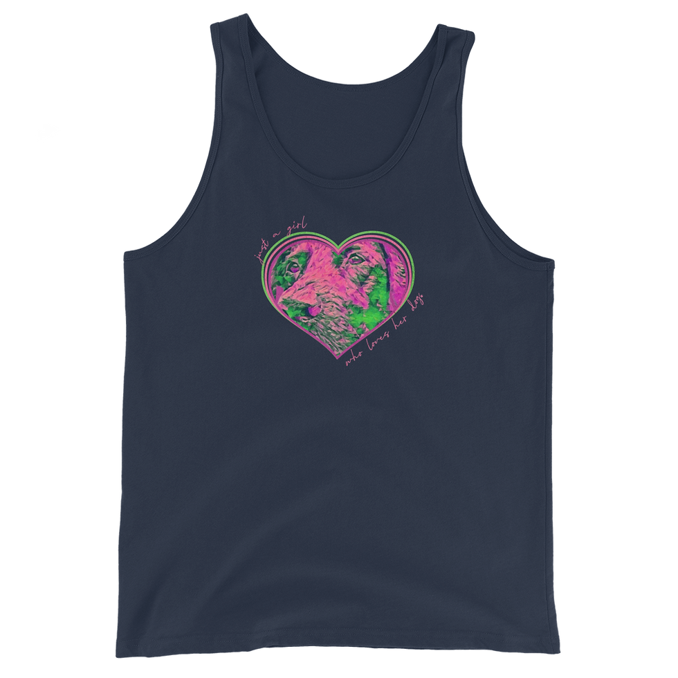 Thumbnail: Navy custom tank top with personalized pet illustration of your dog inside a heart in bright pink and green