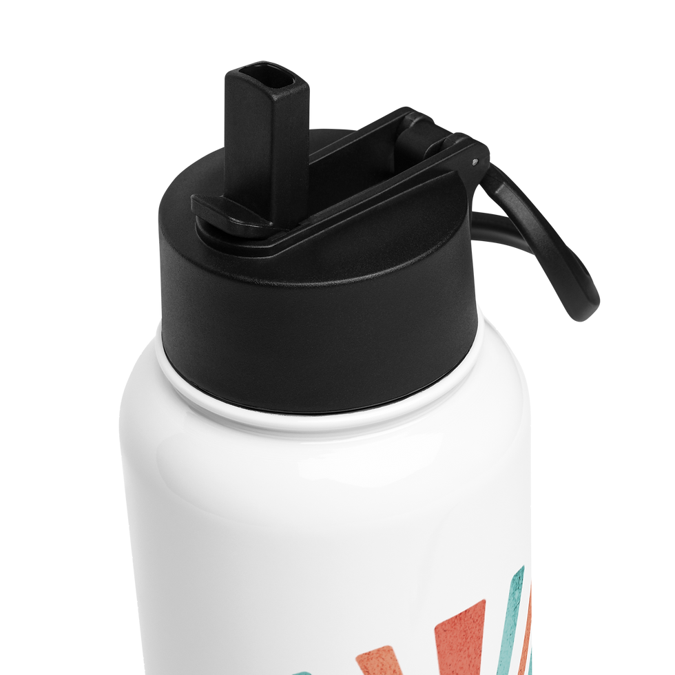 Thumbnail: Close-up of black plastic lid with straw for white stainless steel water bottle