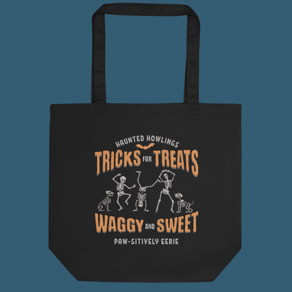 Black canvas tote bag featuring Halloween skeleton dogs and humans with pun phrases in a playful spooky design