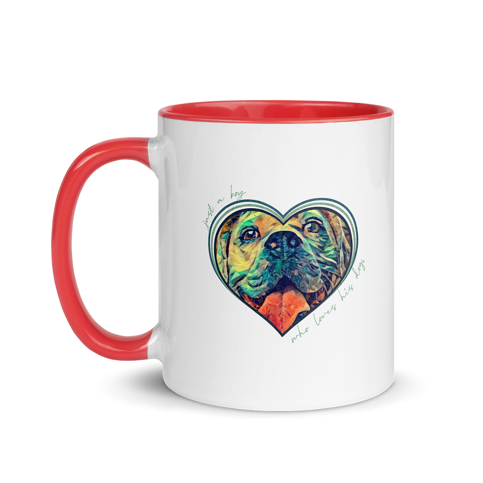 Thumbnail: Custom white ceramic mug with red handle with personalized pet illustration of dog inside a heart in blue and green