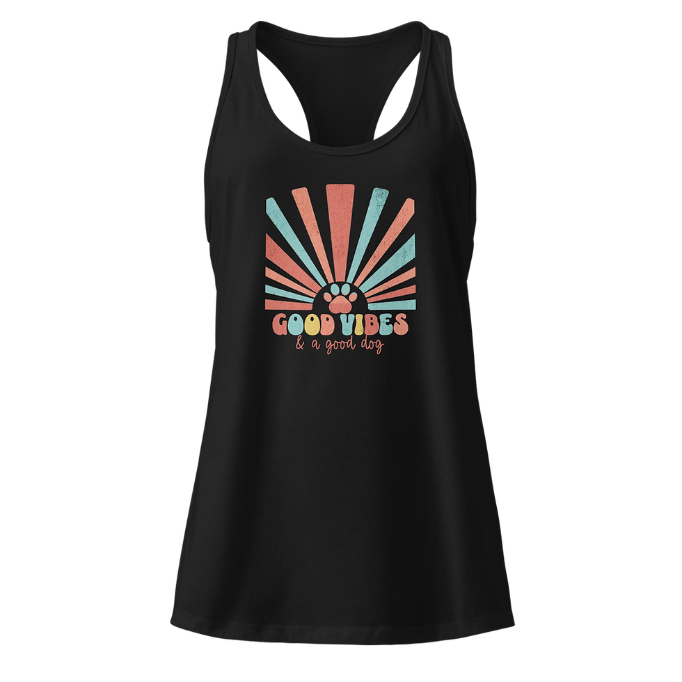 Black racerback tank with stylized sunburst graphic featuring a paw print and dog-themed wording