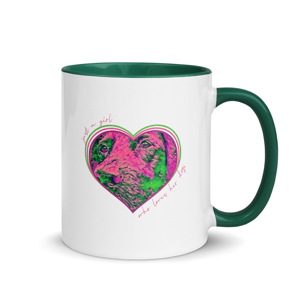 Thumbnail: Custom white ceramic mug with dark green handle with personalized pet illustration of dog inside a heart in pink and green