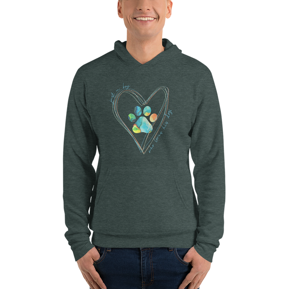 Thumbnail: Man wearing heather forest hoodie with colorful watercolor paw print surrounded by hearts, ‘just a boy who loves his dog’