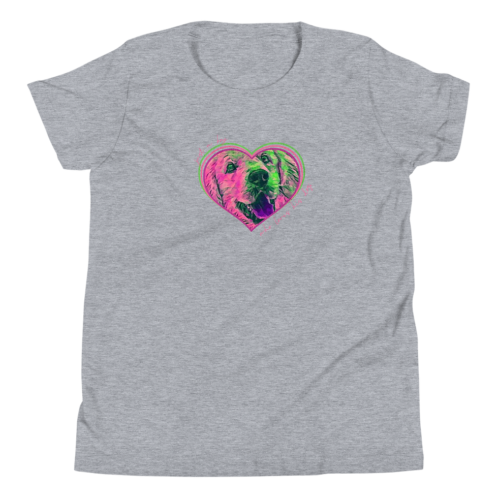 Thumbnail: Athletic heather custom youth t-shirt with personalized pet illustration of your dog inside a heart in bright pink and green