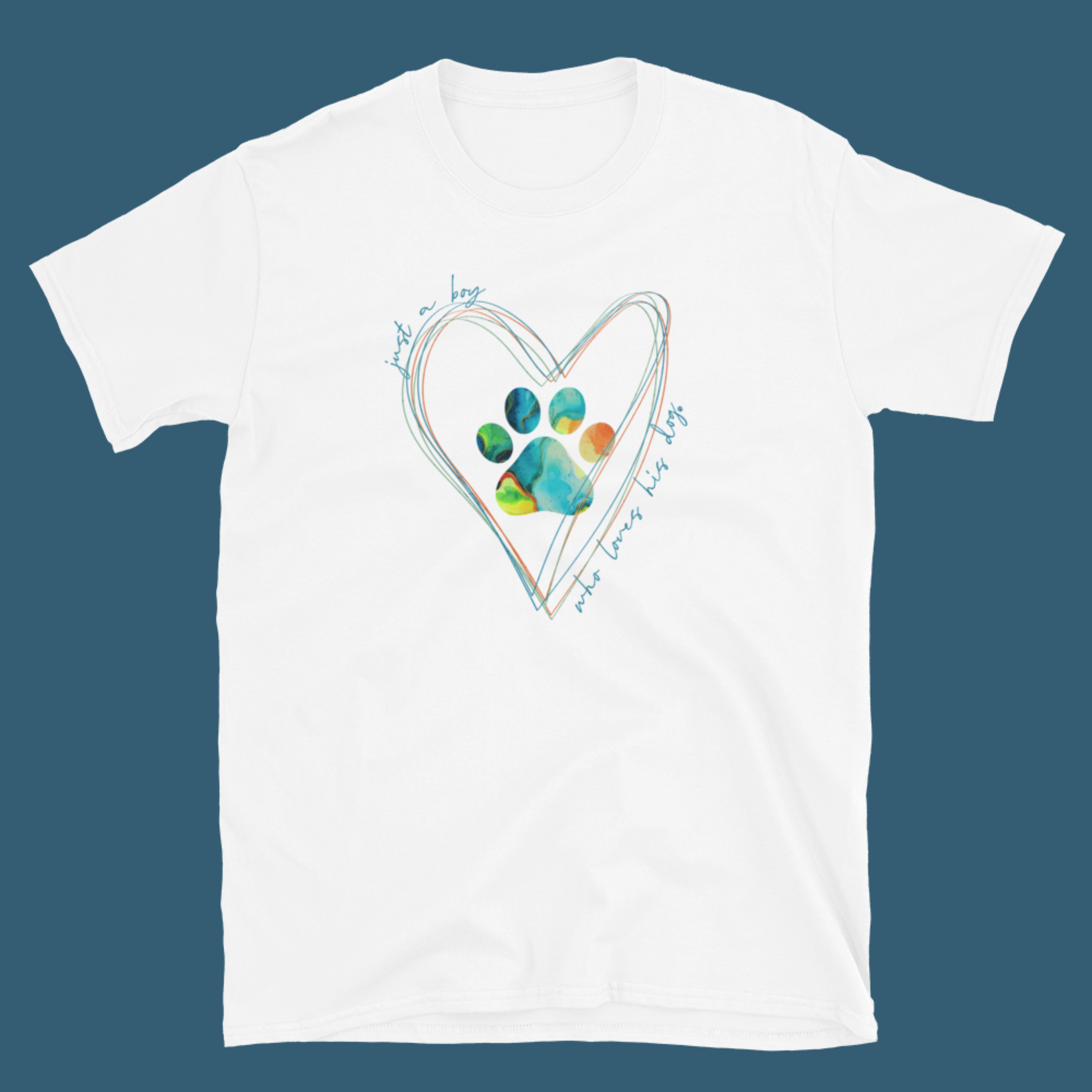 White t-shirt with colorful watercolor paw print surrounded by hearts with ‘just a boy who loves his dog’ text