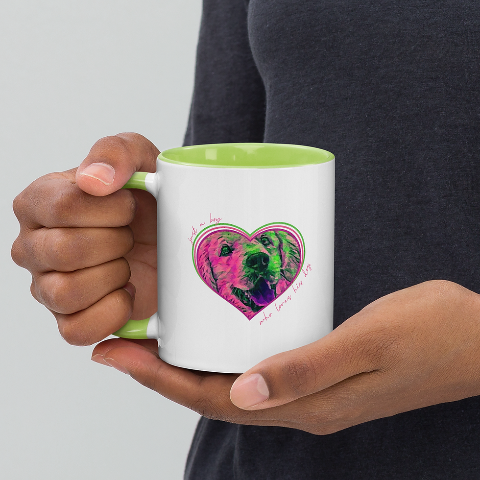 Thumbnail: Man's hands holding a custom white ceramic mug with green handle with personalized pet illustration of dog inside a heart