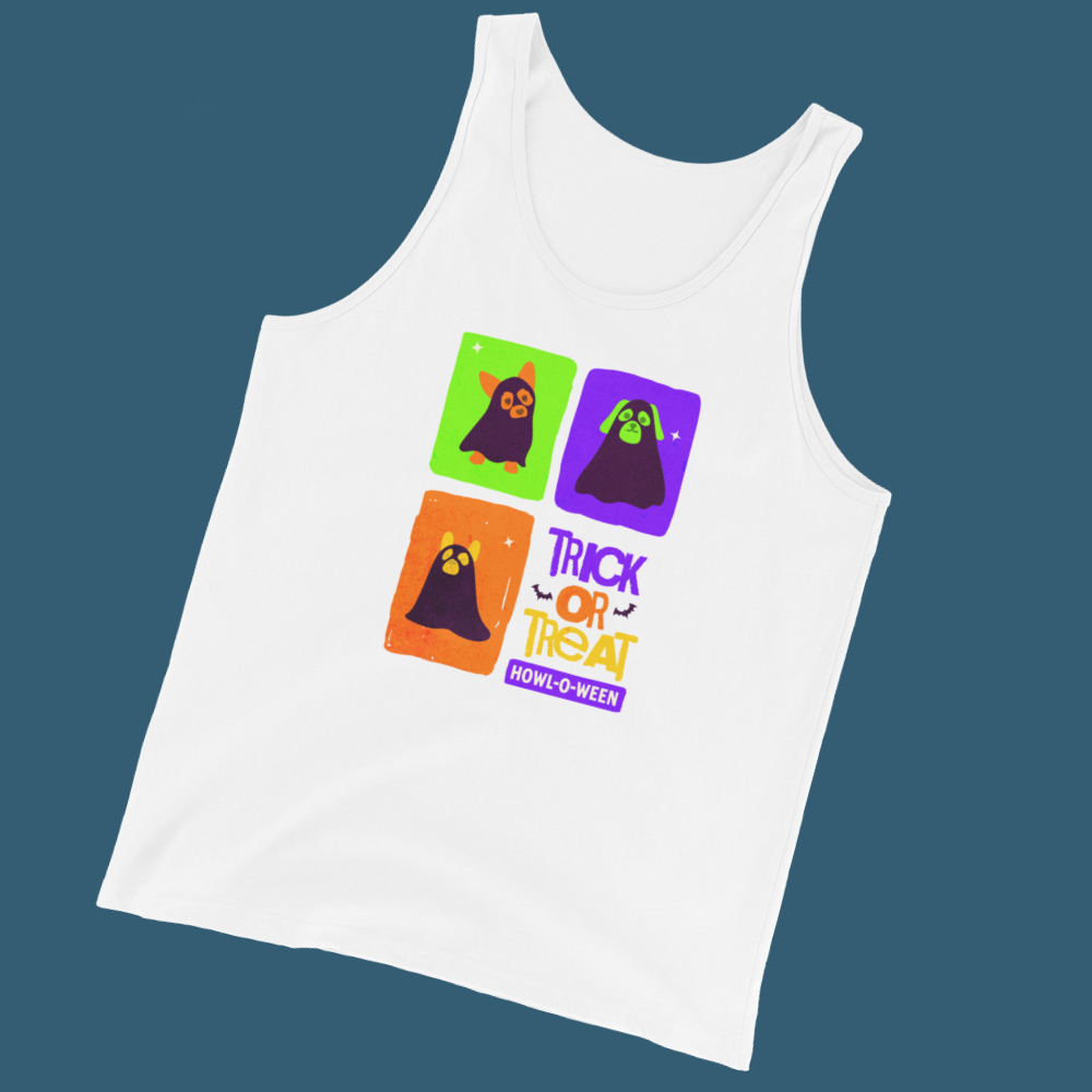 White tank with colorful Halloween design featuring three dogs wearing sheet-ghost costumes, text reads ‘Trick or Treat’