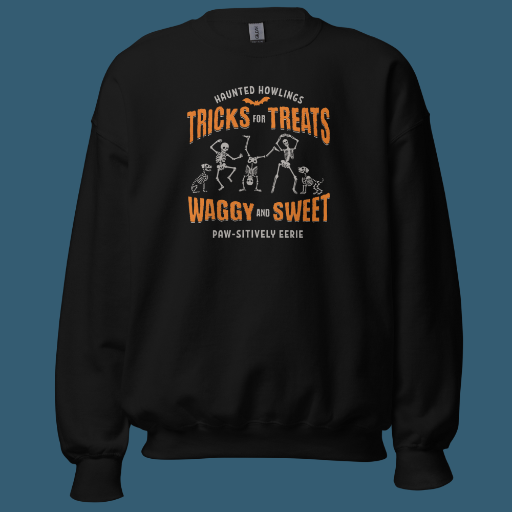 Black sweatshirt featuring Halloween artwork of dancing dog and human skeletons with spooky pun phrases.