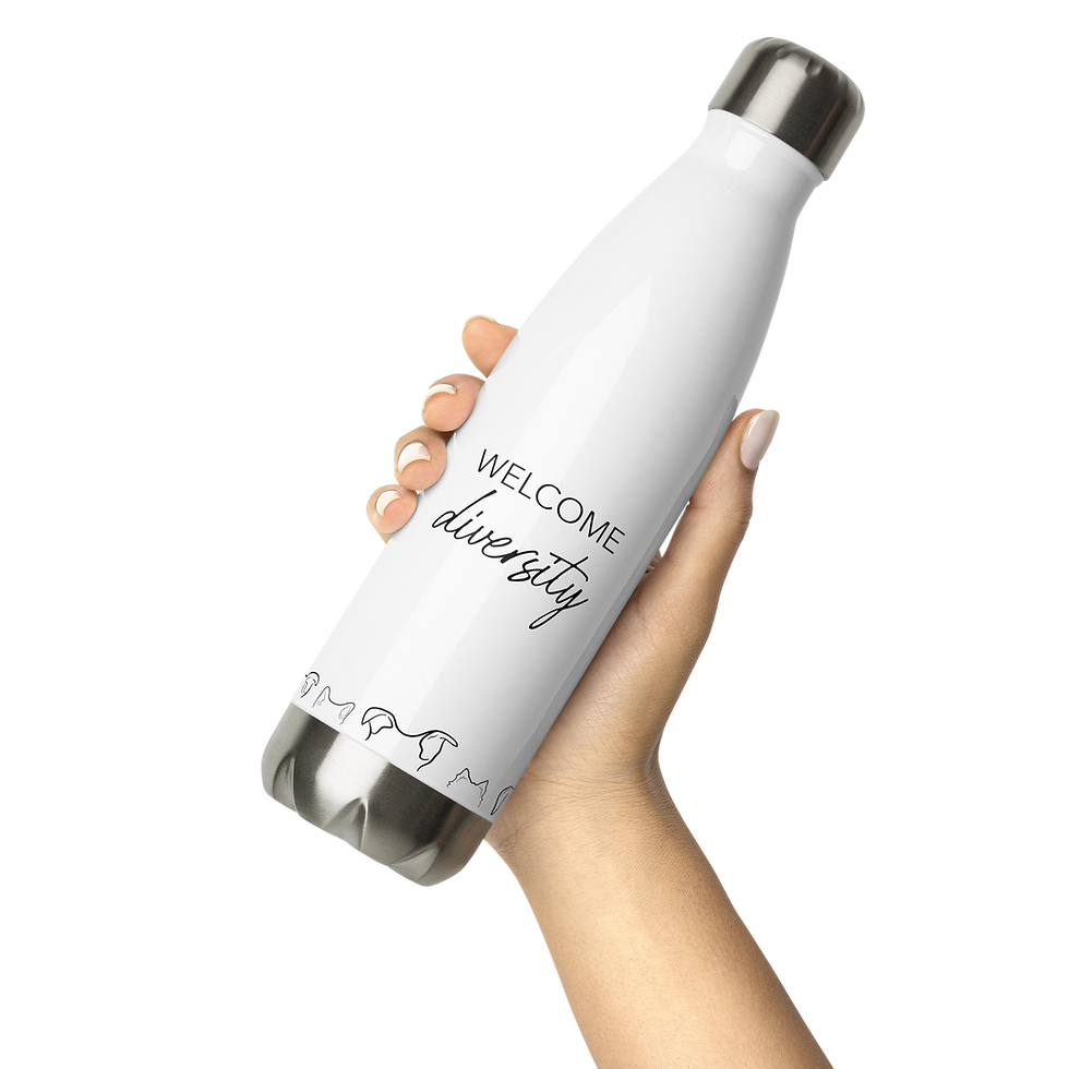 Thumbnail: Hand holding white water bottle with stylized ‘welcome diversity’ and illustrated dog ears ringing the bottom