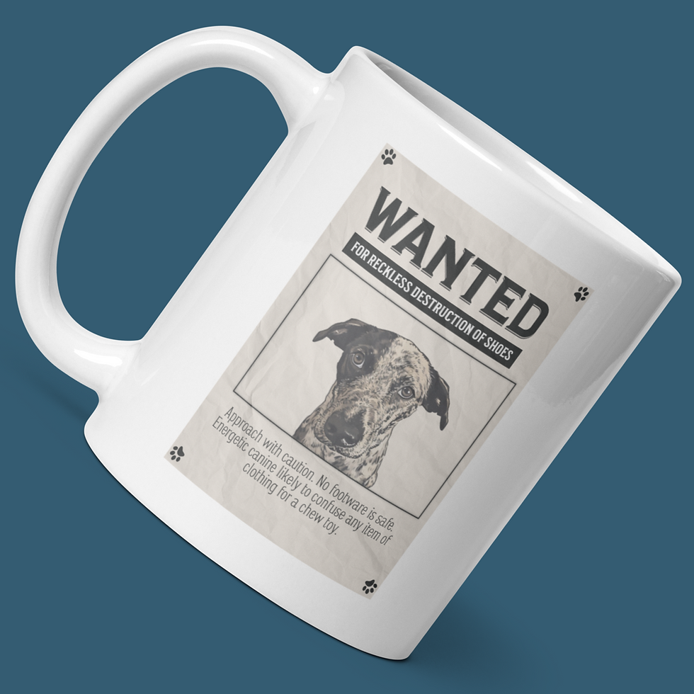 White 11 oz ceramic mug with vintage-style wanted poster with custom dog portrait