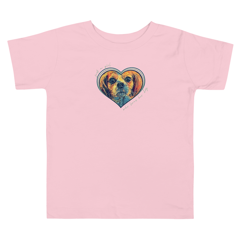 Thumbnail: Pink custom toddler t-shirt with personalized pet illustration of your dog inside a heart in blue and green tones