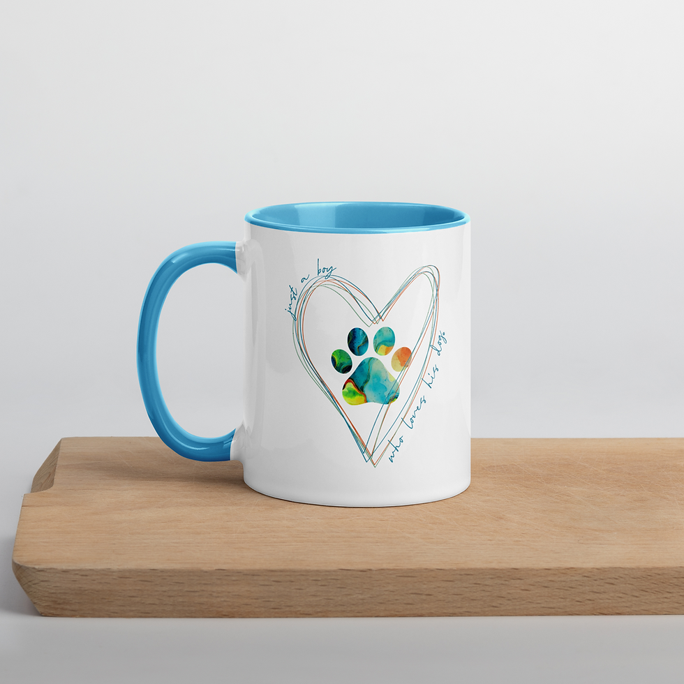 Thumbnail: White ceramic mug with blue handle with watercolor paw print surrounded by hearts with ‘just a boy who loves his dog’