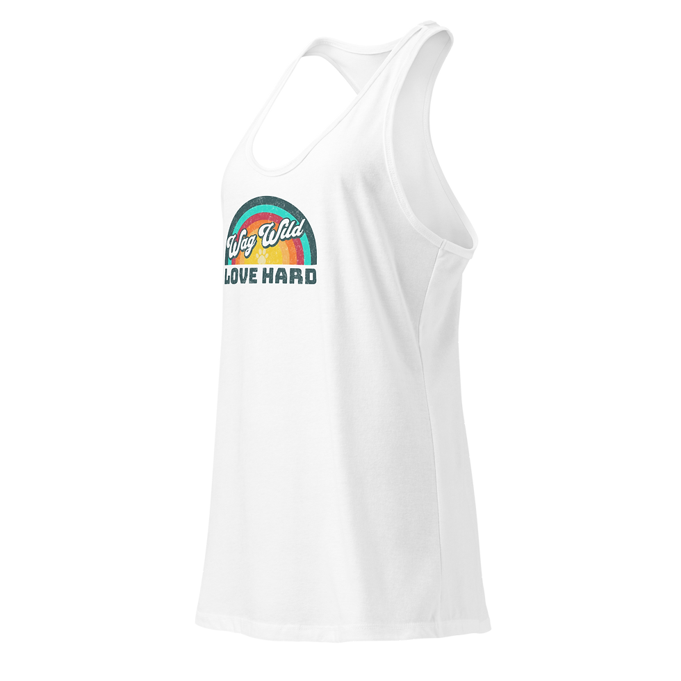 Thumbnail: White racerback tank with stylized retro sunset graphic featuring a paw print and dog-themed wording