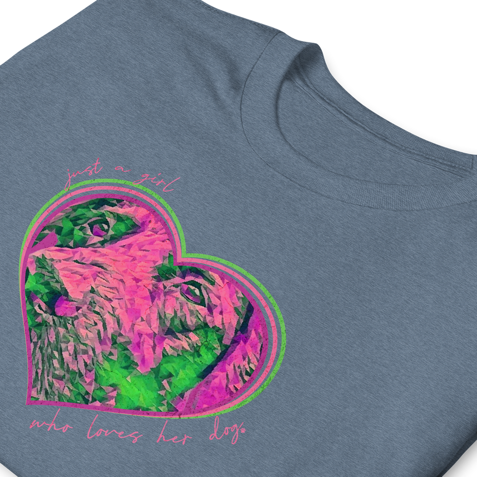 Thumbnail: Close-up of folded heather indigo custom t-shirt with personalized pet illustration of dog inside a heart in blue and green