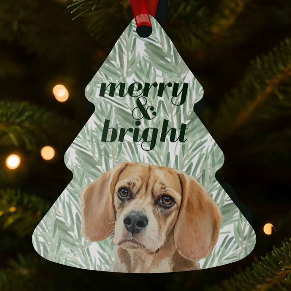 Thumbnail: Merry & Bright Custom Tree Ornament hanging on a Christmas tree branch, showing personalized watercolor dog design