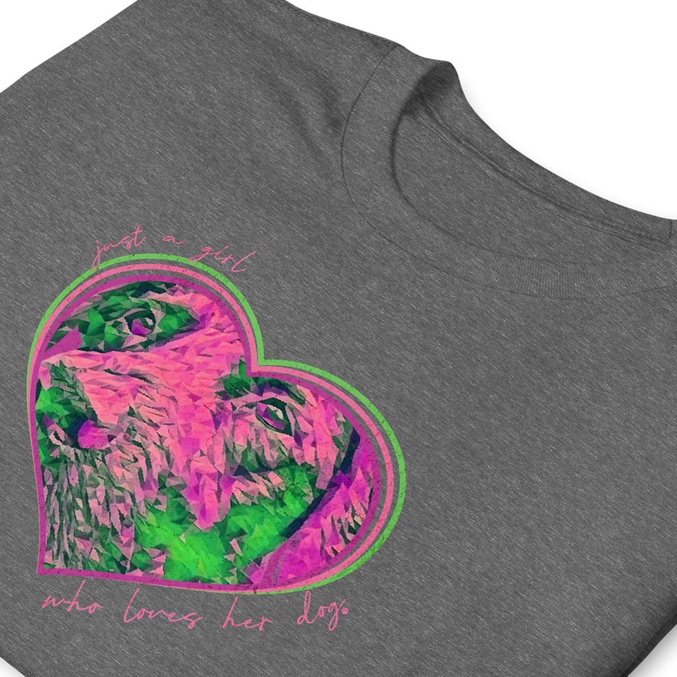 Thumbnail: Close-up of folded graphite heather custom t-shirt with personalized pet illustration of dog inside a heart in blue and green