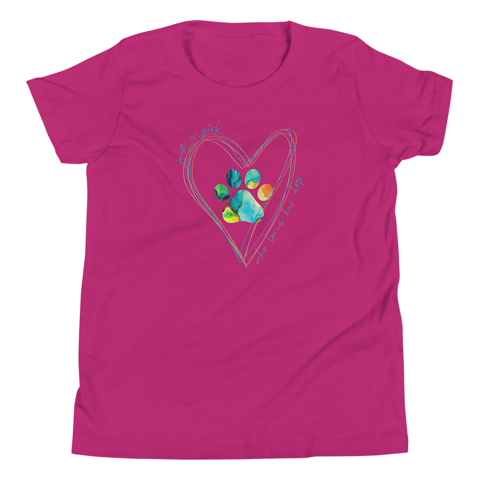 Thumbnail: Berry youth t-shirt with colorful watercolor paw print surrounded by hearts with ‘just a girl who loves her dog’ text