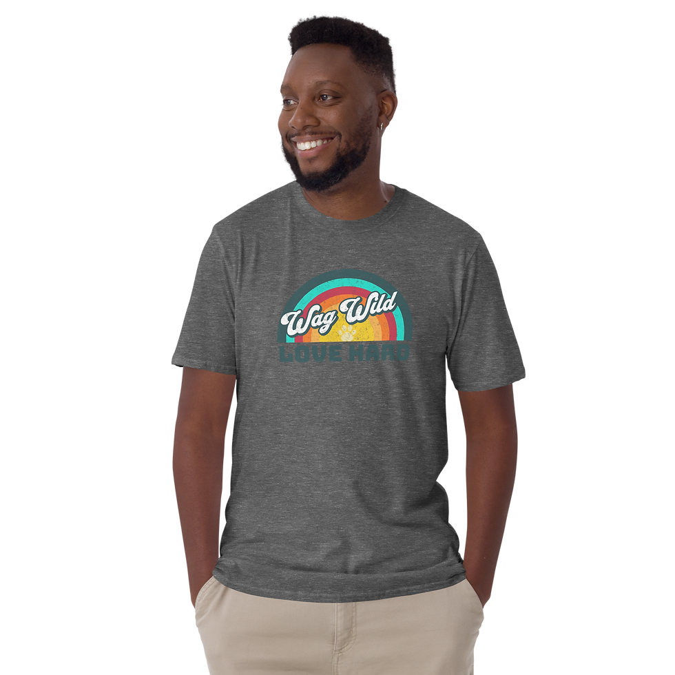 Thumbnail: Graphite heather t-shirt with stylized retro sunset graphic featuring a paw print and dog-themed wording