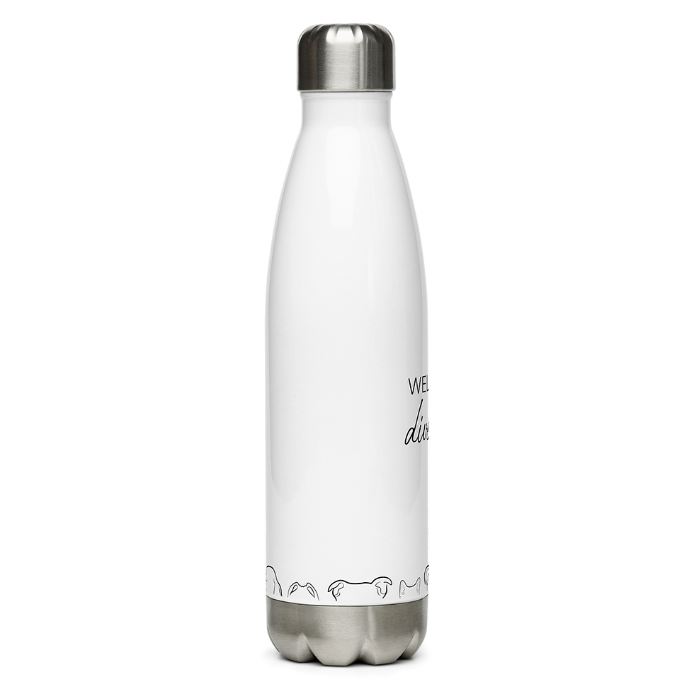 Thumbnail: White water bottle with stylized ‘welcome diversity’ and illustrated dog ears ringing the bottom, side view