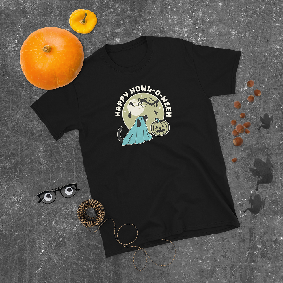 Thumbnail: Black short-sleeve t-shirt with “Happy Howl-o-ween” design featuring ghost dog, moon, spooky tree, pumpkins, and bats.