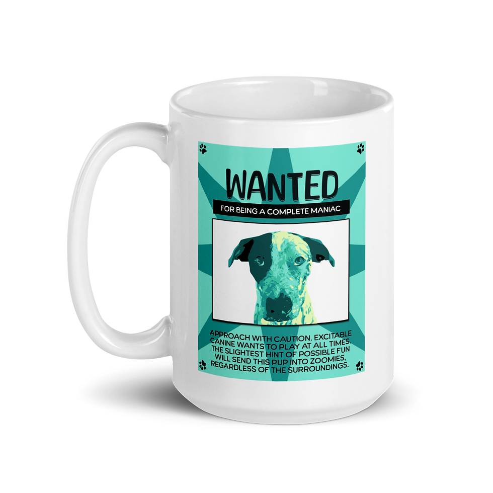 Thumbnail: White ceramic 15 oz mug with colorful green wanted poster with custom dog portrait