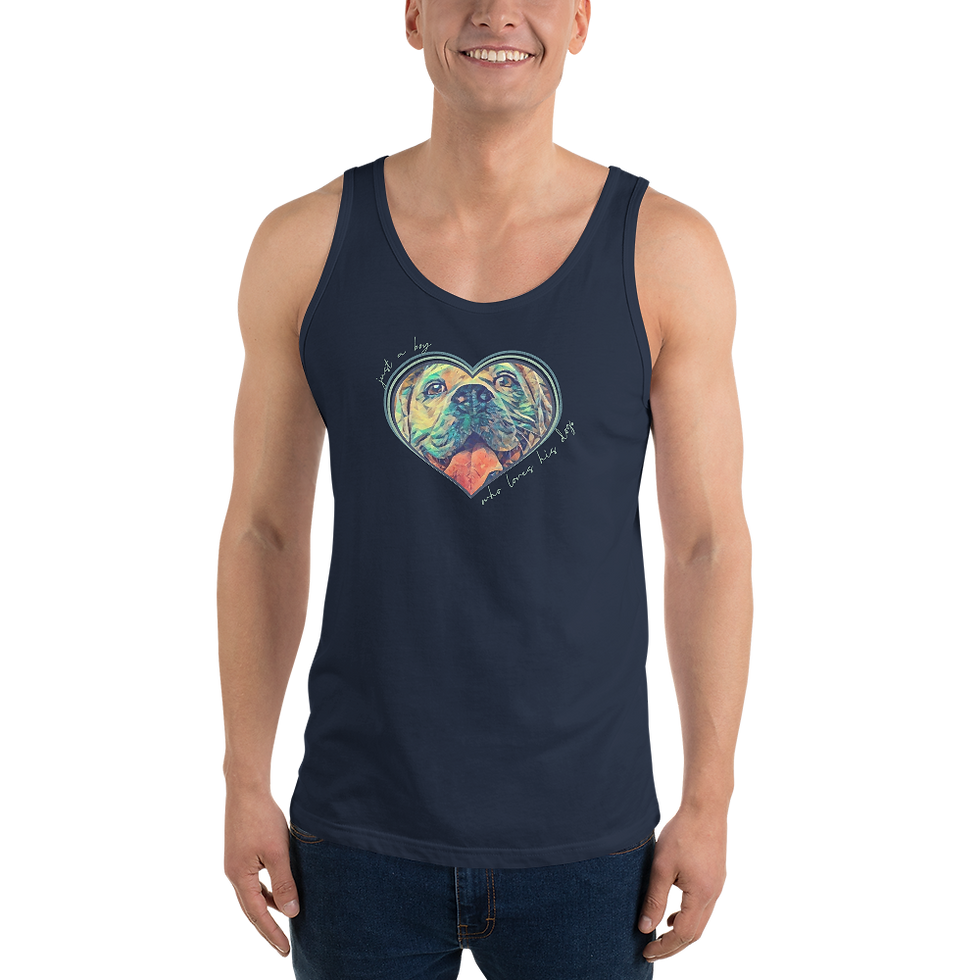 Thumbnail: Man wearing navy custom tank top with personalized pet illustration of your dog inside a heart in blue and green tones