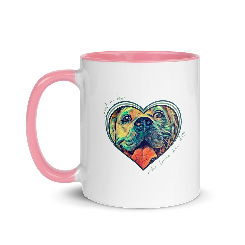 Thumbnail: Custom white ceramic mug with pink handle with personalized pet illustration of dog inside a heart in blue and green
