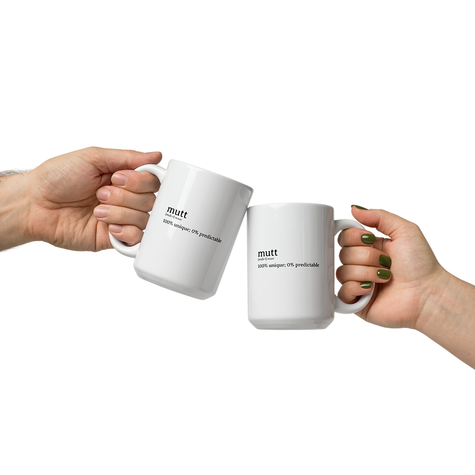 Thumbnail: 2 hands clinking white ceramic 11 oz mugs featuring funny definition of a mutt