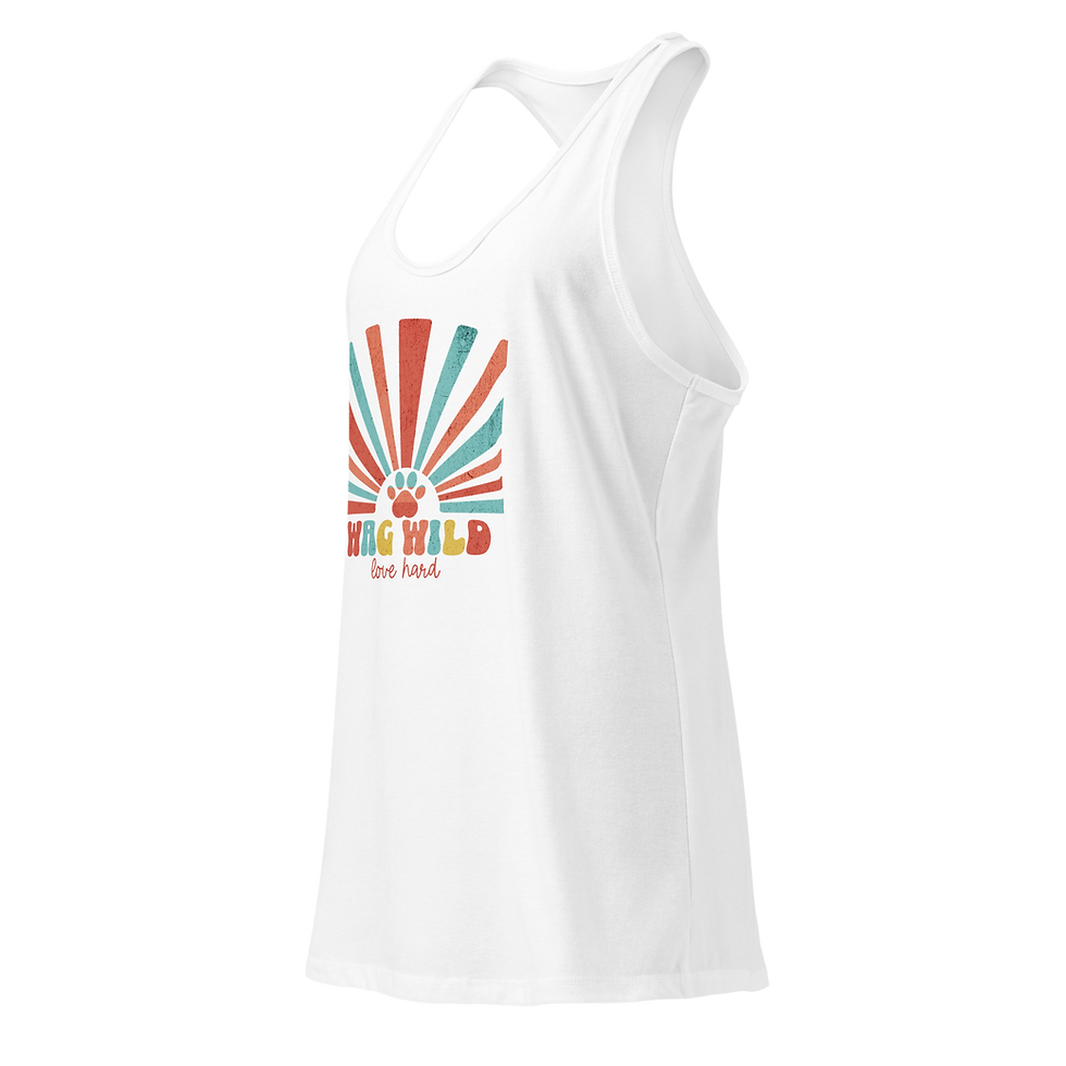 Thumbnail: White racerback tank with stylized sunburst graphic featuring a paw print and dog-themed wording
