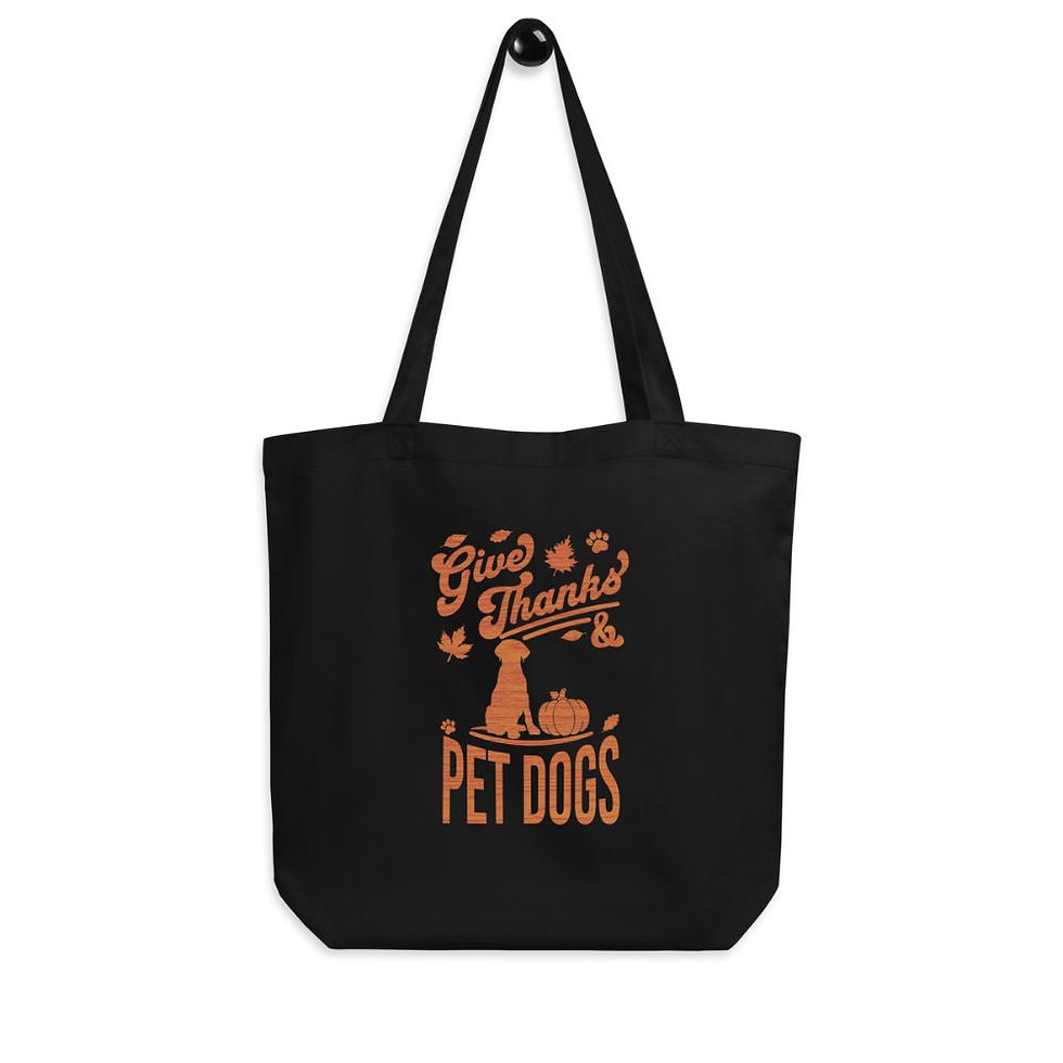Thumbnail: Black canvas totes with “Give Thanks & Pet Dogs,” a happy dog, pumpkin, fall leaves, and paw prints