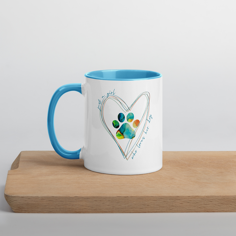 Thumbnail: White ceramic mug with blue handle with watercolor paw print with ‘just a girl who loves her dog’