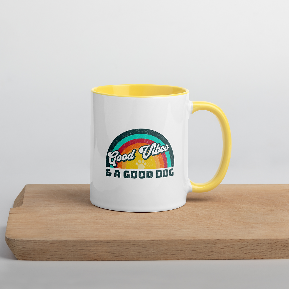 Thumbnail: White ceramic mug with yellow handle with stylized retro sunset graphic featuring a paw print and dog-themed wording
