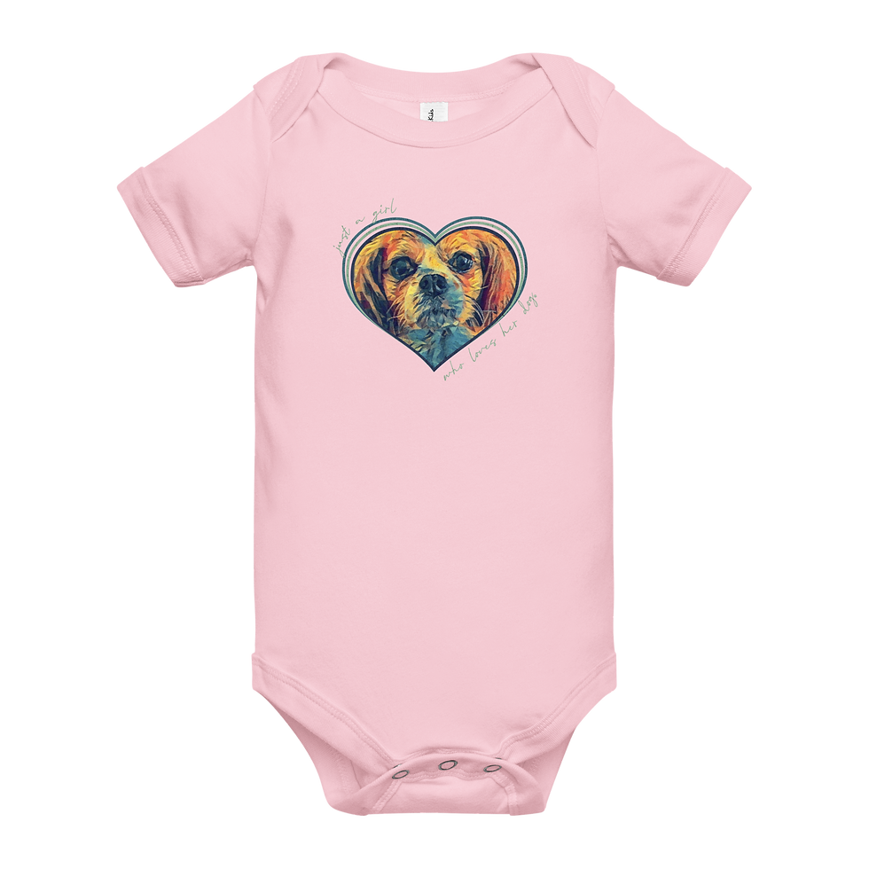Thumbnail: Pink custom baby onesie with personalized pet illustration of your dog inside a heart in blue and green tones